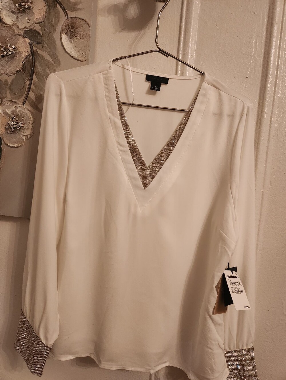 Halogen White V-Neck Blouse with Sparkle Trim - Women